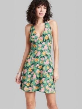 wild fable Green Floral Halter Mini Dress with Pink & Yellow Flowers
